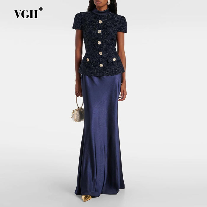 VGH Chic Two Piece Sets for Women Stand Collar Short Sleeves Spliced Pocket Tweed Top High Waist Maxi Skirts Vintage Suit Female