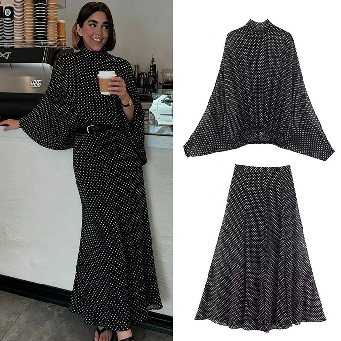 Polka Dot Printed Midi Skirts Two Piece Sets for Women Summer Chic Bow Tied Blouse Top Suits Woman 2 Piece Outfits