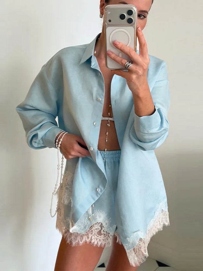 Loose Shirt Lace Patchwork Shorts Set Women 2026 Summer Lapel Single Breasted Long Sleeve Top Short Pant Two Piece Sets Woman