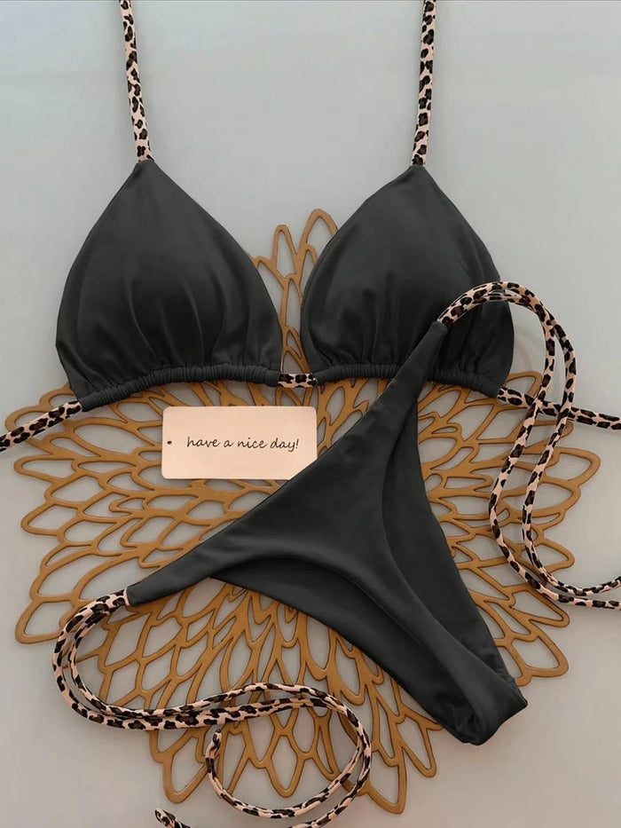 Women's Sexy Solid Halter Bikini Set Lace-Up Low Waist Two-Piece Triangle Thong Swimwear Leopard Tie On Side Brazilian Biquinis